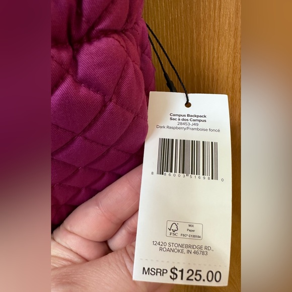 Vera Bradley Quilted Campus Backpack School Book Bag - Dark Raspberry Solid Pink - Picture 16 of 16